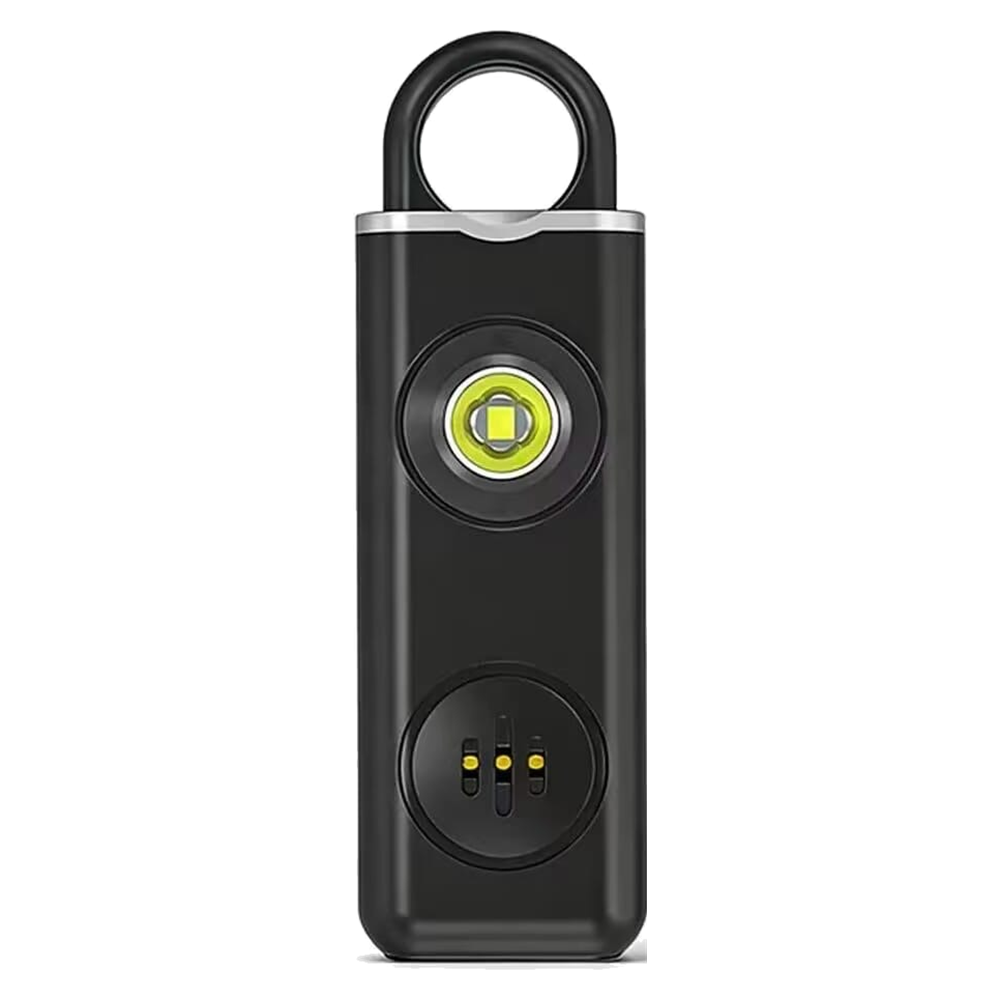 Alarmette noire : anneau porte-clés, goupille, lumière LED, haut-parleur et recharge USB
